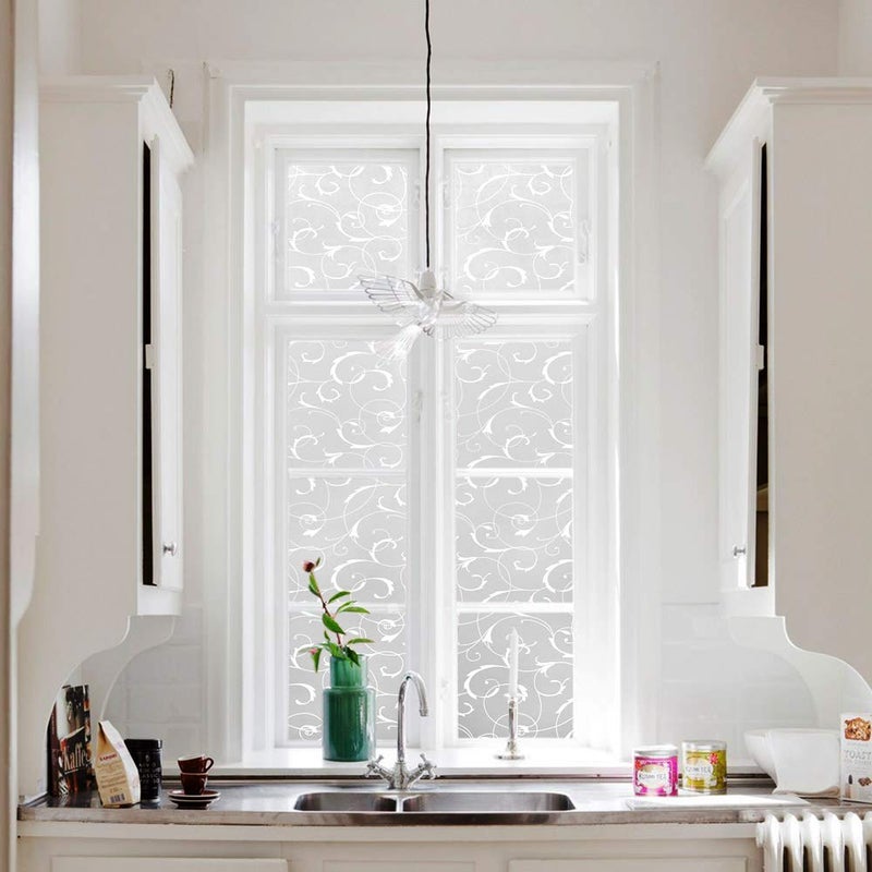 LEMON CLOUD Window Privacy Film, No-Adhesive Static Decorative Window Film, Frosted Stained Glass Window Cling Vine Design (35.4 x 157.4 Inch, White Leaf) - Image 3